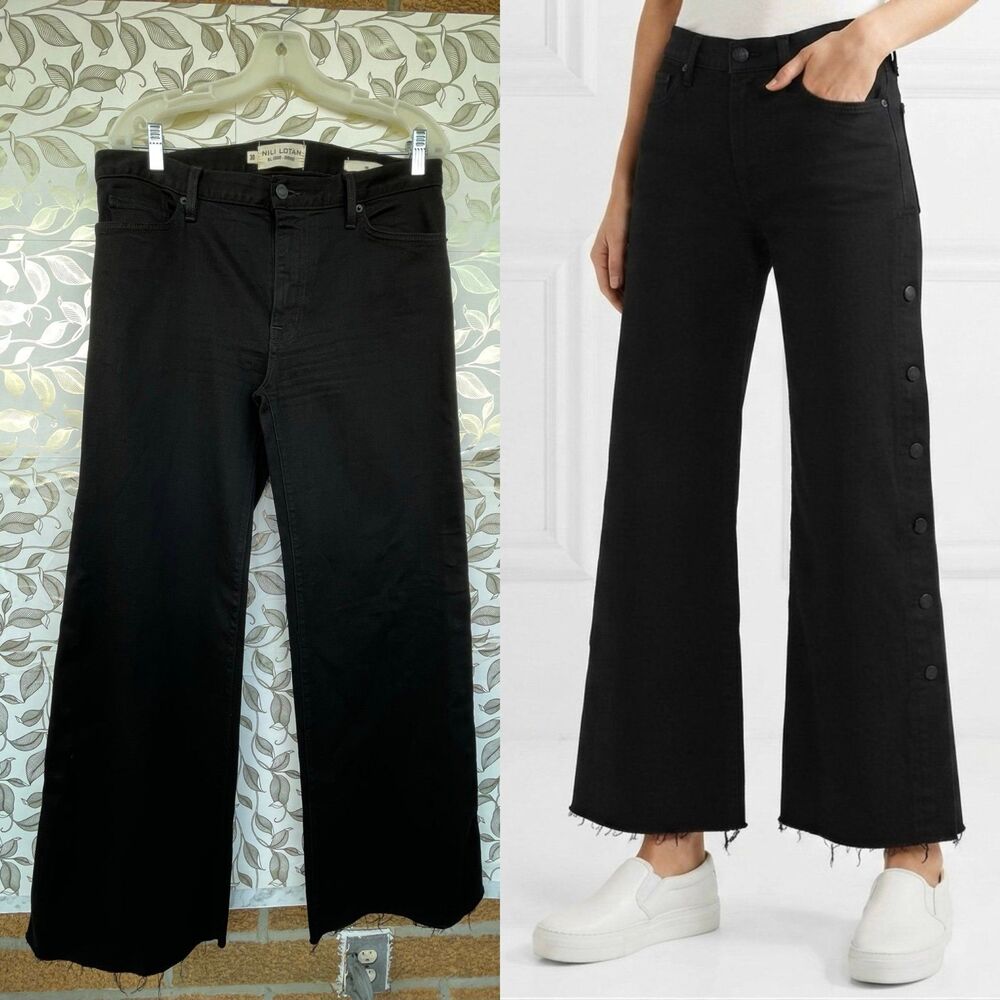 Nili Lotan Ena Black Side Button Raw Hem Jeans Size 30 Chic Designer Denim